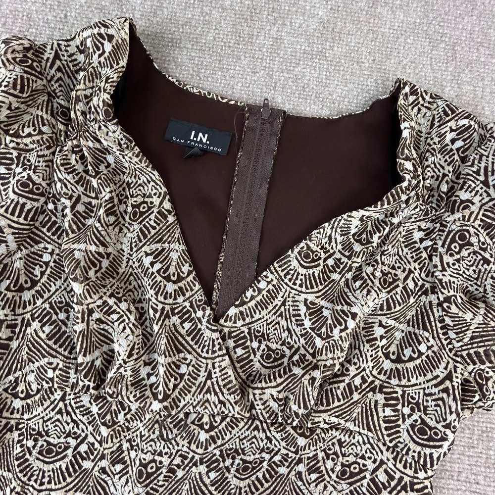 I.N. San Francisco Fit & Flare Dress Womens 11 Brown Beige Floral Party Back Zip
